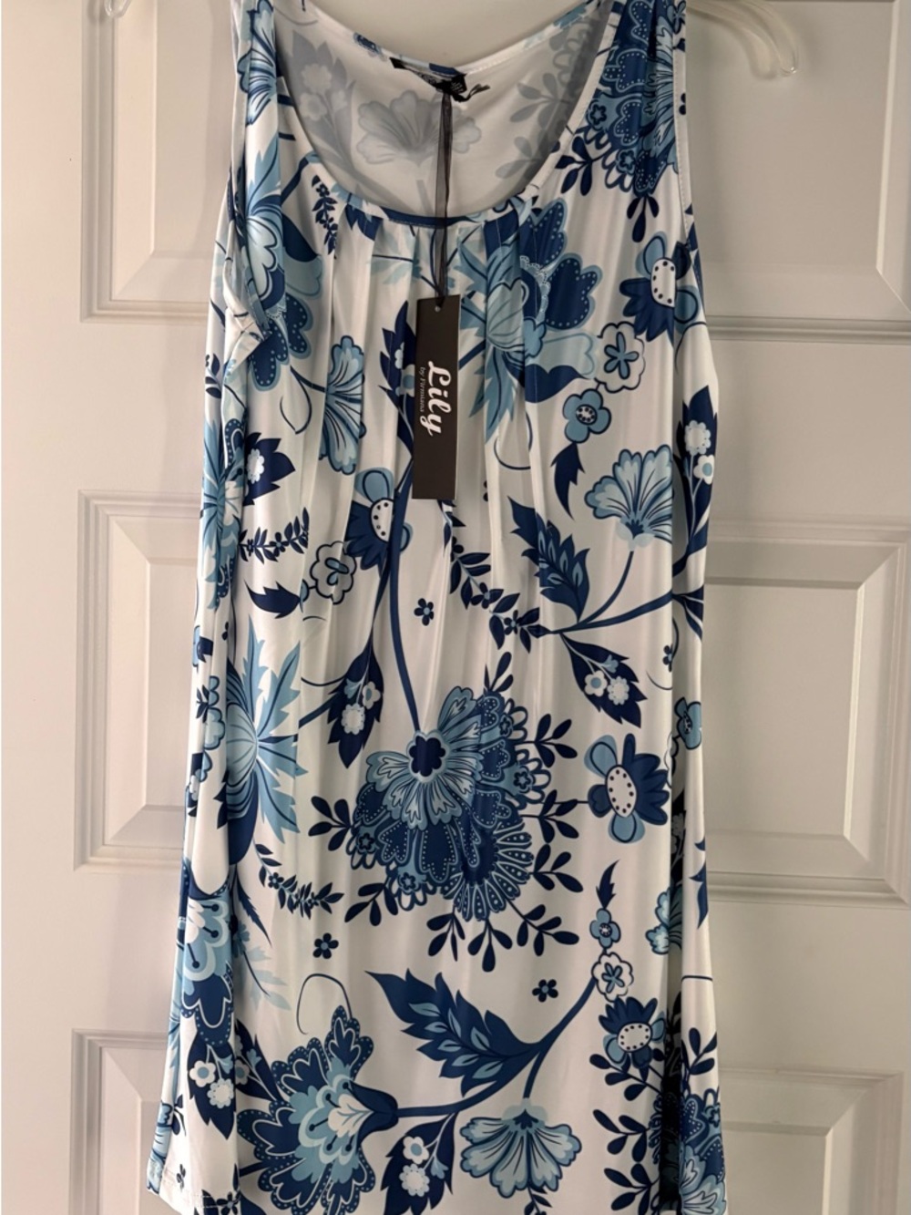 Lily White Midi Dress with Blue Floral Print